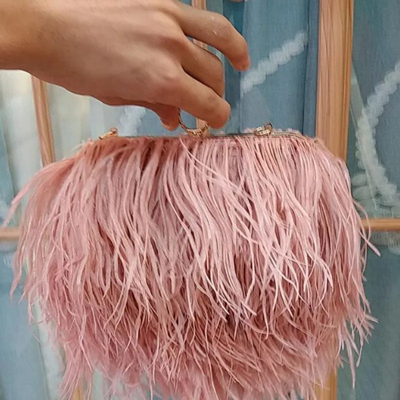 2024 Women\'s Evening Bags Trend New Brand Ostrich Hair Banquet Bag Luxury Designer Handbags Fashion Chain Shoulder Bags Clutches