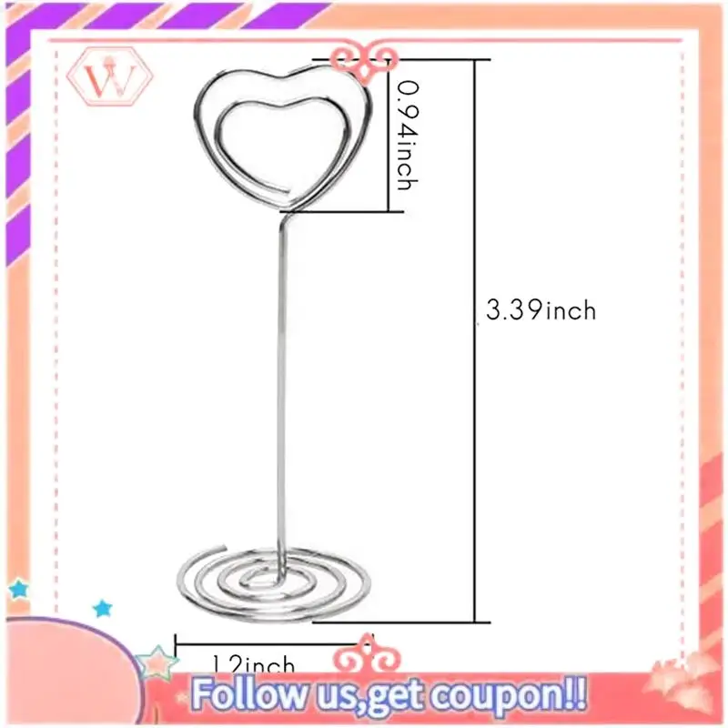 Upgraded 120 Pcs Card Holder Heart Shape Table Picture Stand Wire Tabletop Photo Holder Menu Clips,Silver