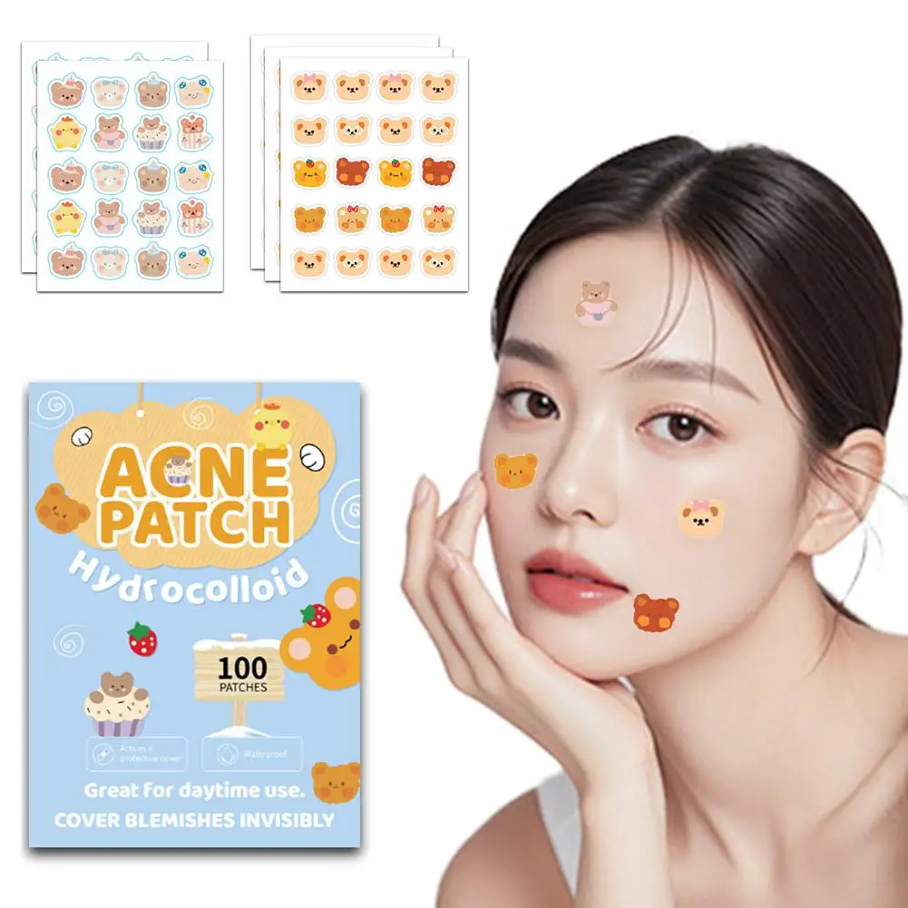 100 個にきびパッチ漫画クマ柄除去ニキビステッカー PE 軽量快適な通気性フェイシャルスキンケアツール