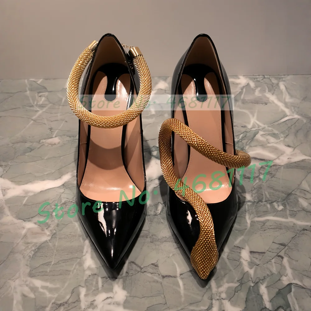 Gold Metallic Snake Coiled Black High Heels Pumps Women Sexy Stiletto High Heels Front Cross Tied Two-tone Design Party Pumps