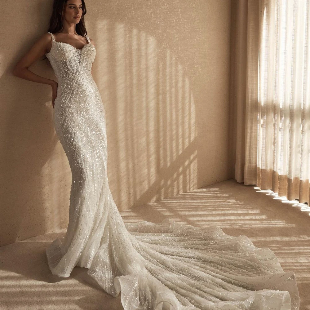 White Beaded Wedding Dresses Mermaid Spaghetti Wedding Gowns with Detachable Train Backless Brides Dresses Vestidos Custom