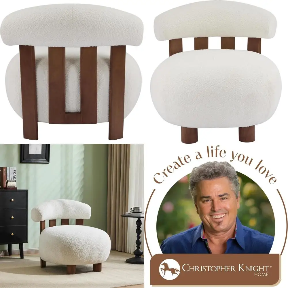 

Кресло-акцент с каркасом из массива дерева, удобный диван для спальни или гостиной, минималистичный стиль, отделка белым цветом и цветом ореха