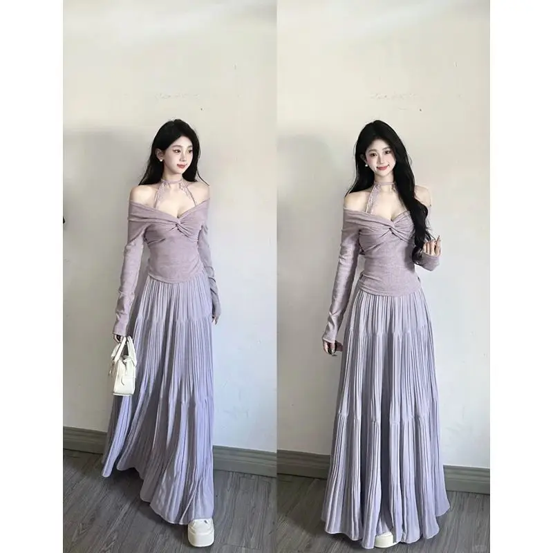 Women's Light Purple Off-Shoulder Twist Top Pleated Maxi Skirt Elegant Casual Skirt