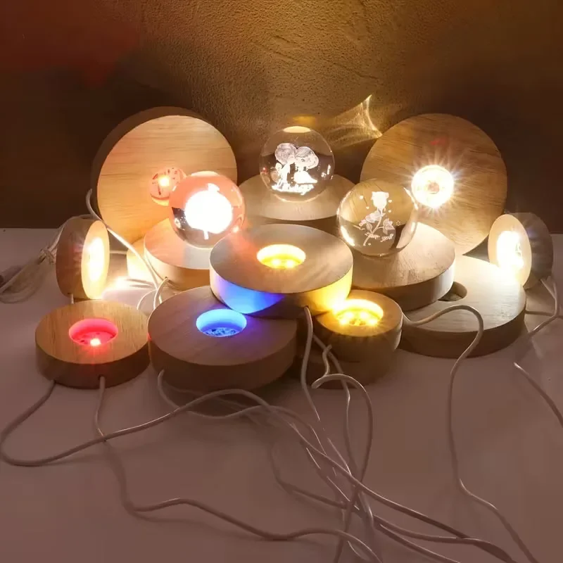 6cm/8cm Round Panel Decorative Light LED Ambient Lighting USB-Powered Wooden Base Night Light Handmade DIY Decorative Lamp