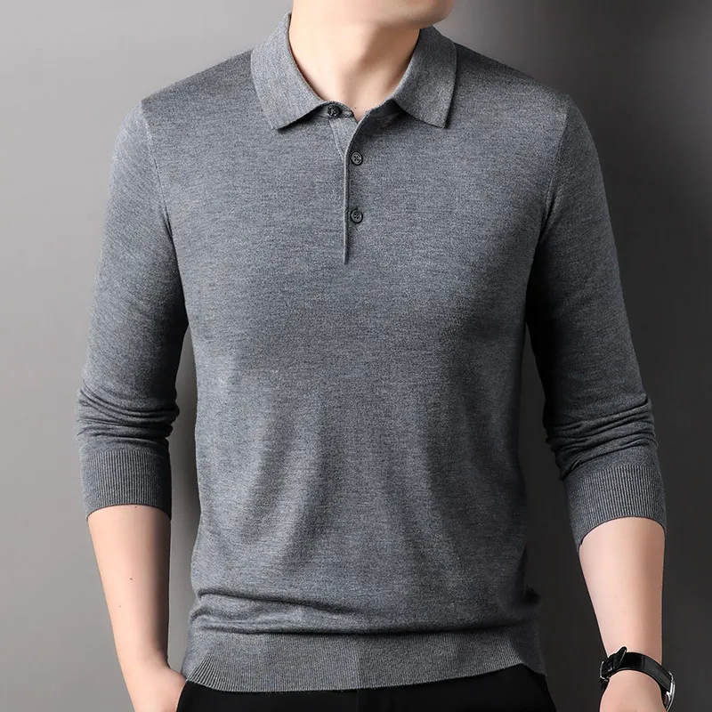 New Men's Knitted Sweaters Turn-Down Polo Neck Long Sleeved Solid Color Men Casual Pullover Autumn Winter Warm Sweater