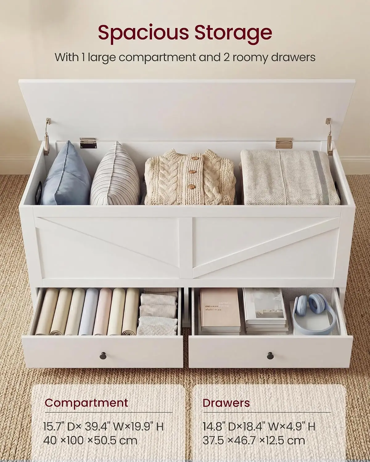 Farmhouse Storage Chest With Drawers, Wooden Entryway Bench, Flip Top Trunk Organizer, Rustic Shoe Bench With Hinged Lid, End Of Bed Cabinet, Multipurpose Storage Box, Cloud White, 1 Piece