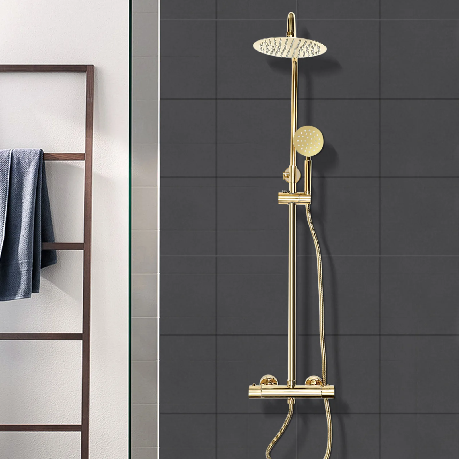 Système de douche de pluie thermostatique doré de 20cm, luminaire de salle de bains moderne en laiton avec technologie de suralimentation d'air rotative à 360 degrés, mur de douche à main