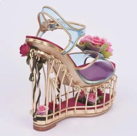 Summer New Women Light Blue Transparent PVC Rose Flowers Embellished Bird Cage Peep Toe Platform Fretwork Super Wedges Sandals