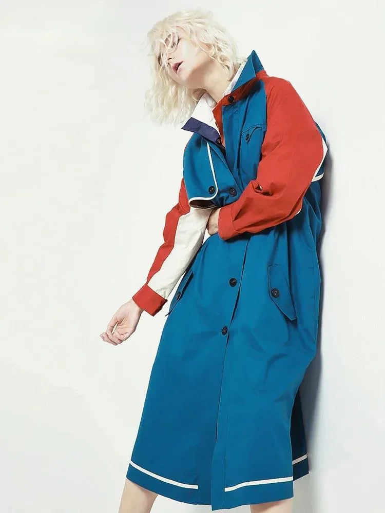 

Women Blue Color-block Big Size Long Trench New Lapel Long Sleeve Loose Fit Windbreaker Fashion Spring Autumn