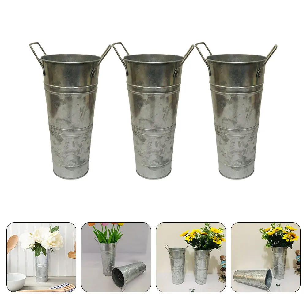 

3Pcs Vintage Flower Vase Iron Bucket Flower Arrangement Desktop Decorative Planter Home Garden Decor