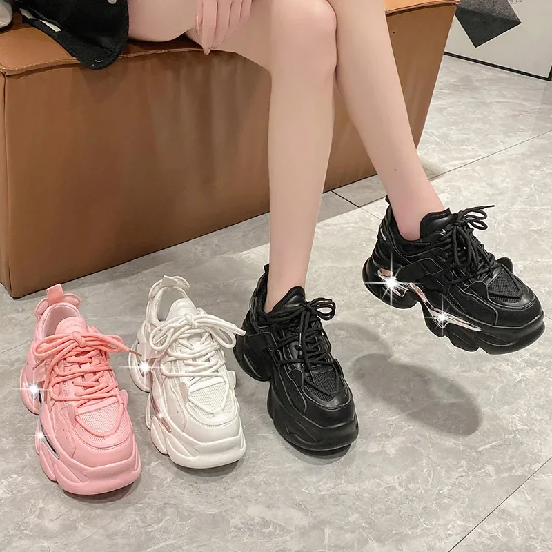 2025 Spring Fashion Chunky Sneakers for Women Breathable Mesh Casual Shoes Woman Thick Bottom Sports Platform Shoes Black Pink