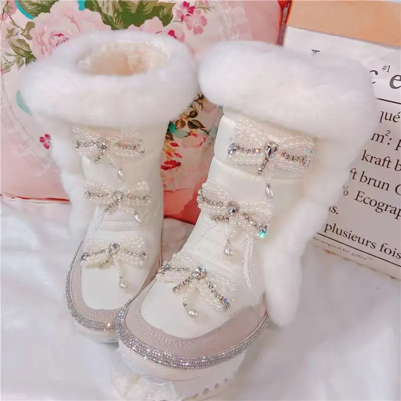 Winter thickened mid-calf snow boots, white pearl water diamond fringed thick-soled women's cotton shoes 35-40