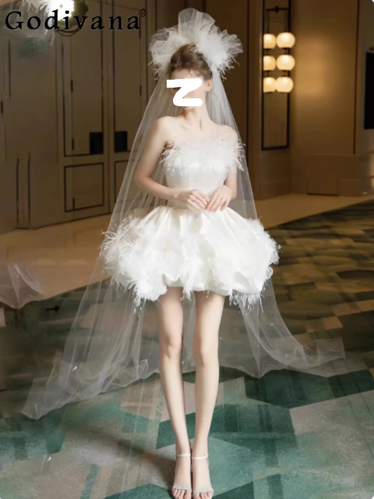 

Temperament French Sexy Slash Neck Party Strapless Satin Wedding Dress Fashion Sweet Girl White Short Princess Evening Dresses