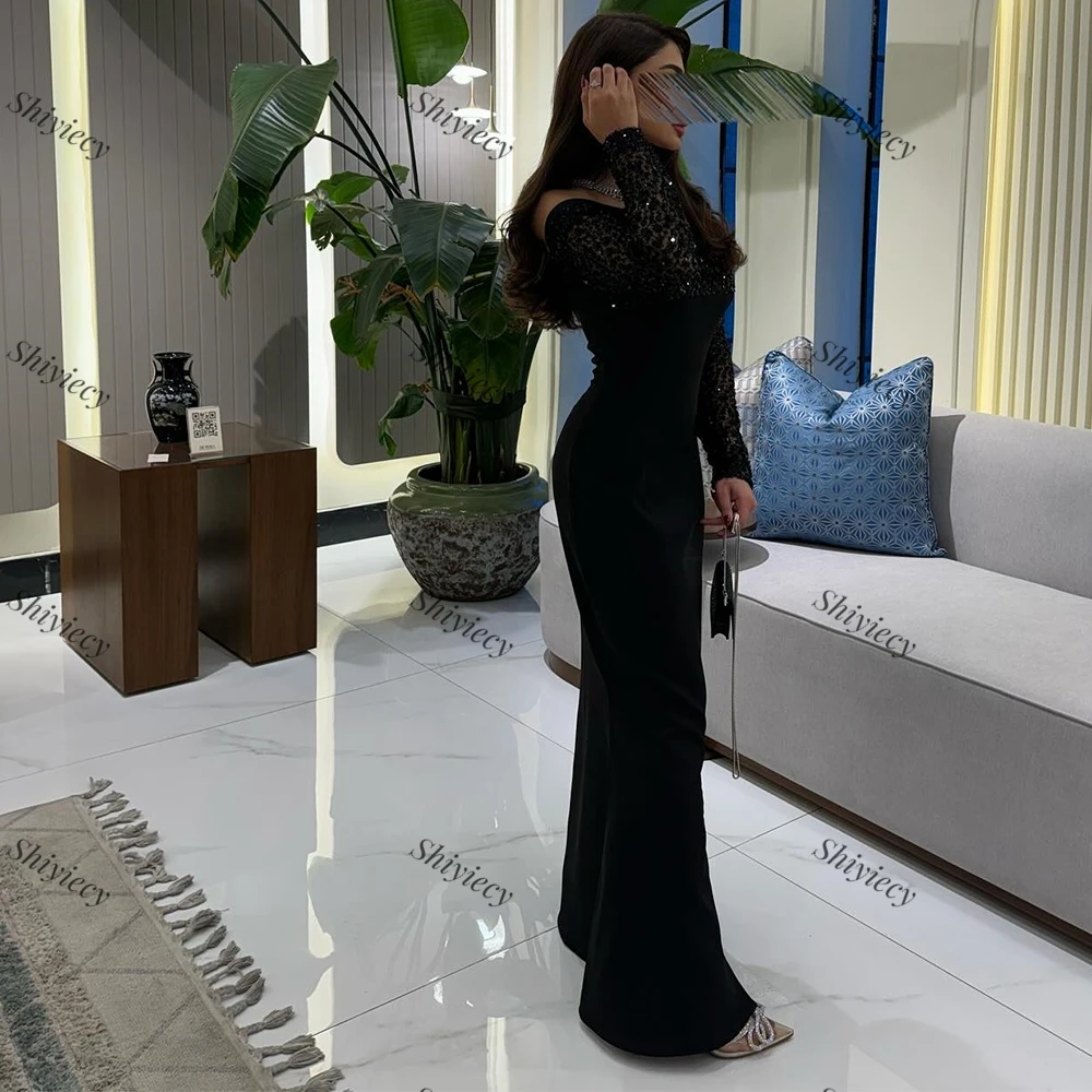 Elegant Black Lace Sequined Evening Dress Jersey Straight Split Prom Dress Off the Shoulder Long Sleeves Robes De Soirée 2024