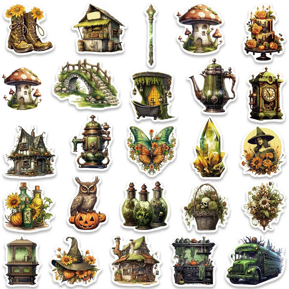 

10/30/50pcs Vintage Magic World Forest Witch Cartoon Stickers for Laptop Suitcase Window Notebook Retro Graffiti Decals Decor