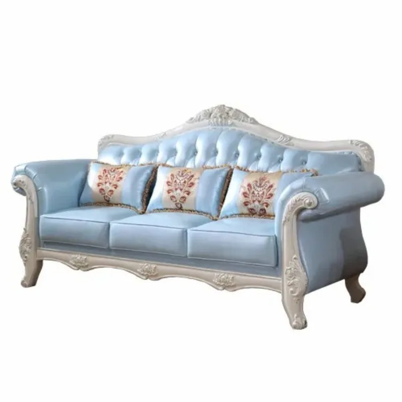 

European-style rural leather sofa simple living room blue light luxury small apartment American reception three people