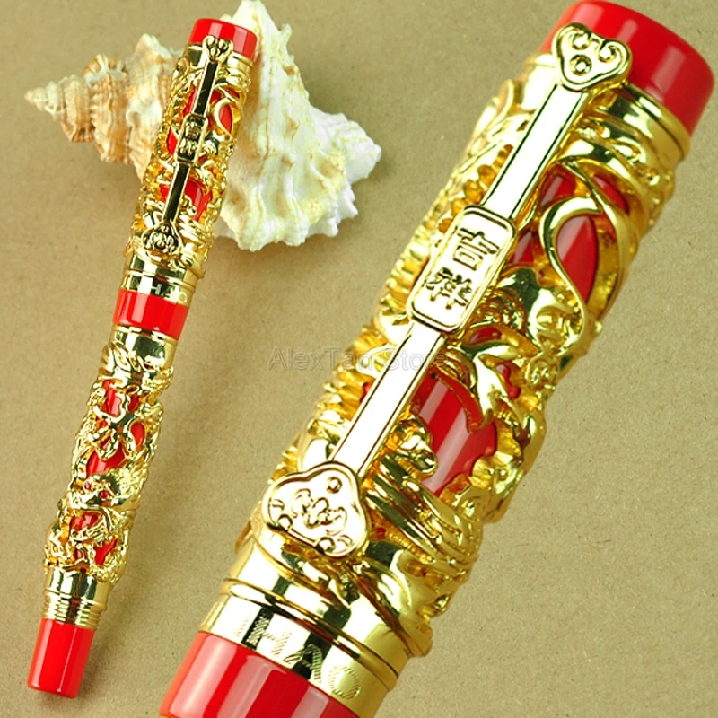 Jinhao Luxury Dragon Phoenix Fountain Pen, Metal Carving Embossing Heavy Pen, Golden & Red For Business Fountain Pen
