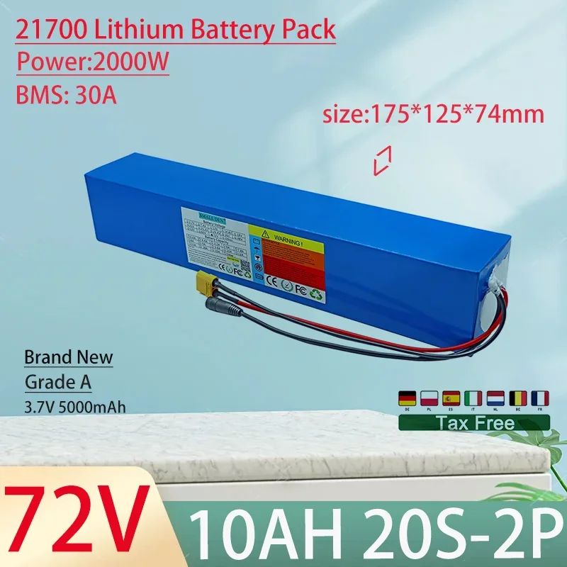 72V 10Ah 21700 20S2P Lithium Ion Battery Pack 2000W Power Tool Batteries Outdoor Backup Batteries With 30A BMS+84V 3A charger