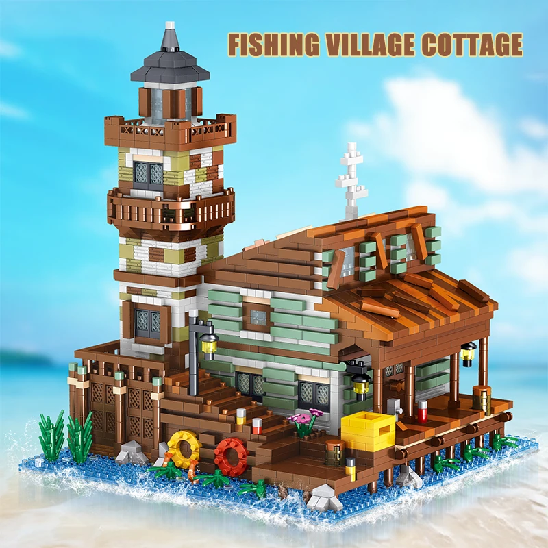 ZHEGAO Mini City Street View Wharf Building Blocks MOC Fishing Village Log Cabin Model Toy Bricks Adult Children Birthday Gift