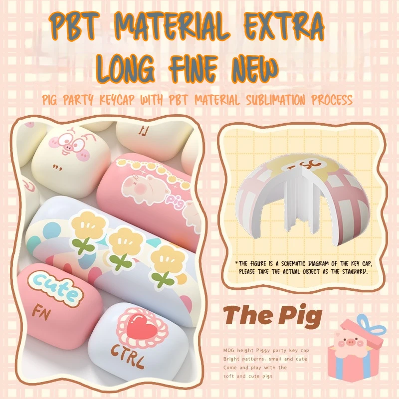 Pig Party Theme Keycaps, Material Pbt, Five-Sided Calor Sublimation, Cute Cartoon, Teclado Mecânico, 139 Key, Mog Altura