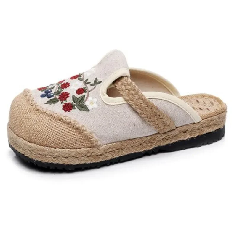 Women Casual Linen Embroidery Flat Slippers Retro Summer Ladies Canvas Comfortable Espadrille Shoes 2024