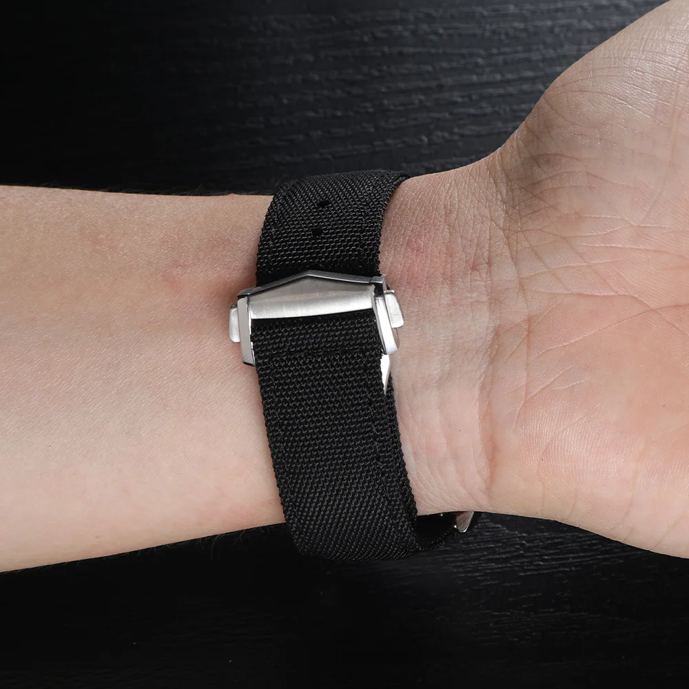 Deployant Sailcloth Uhrenarmband 20mm 22mm, beidseitig hochdichtes Nylon, Schnellverschluss mit Faltschließe, Uhrenband für Omega – Detail 12