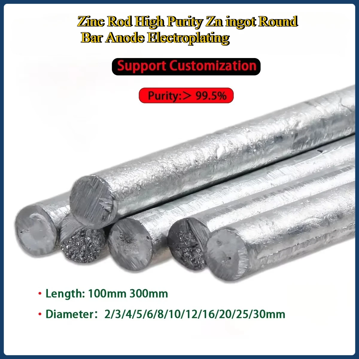 

Zinc Rod High Purity Zn Ingot Round Bar Anode Electroplating DIY Customize Diameter 2/3/4/5/6/8/10/12/16-30mm Length 100mm 300mm