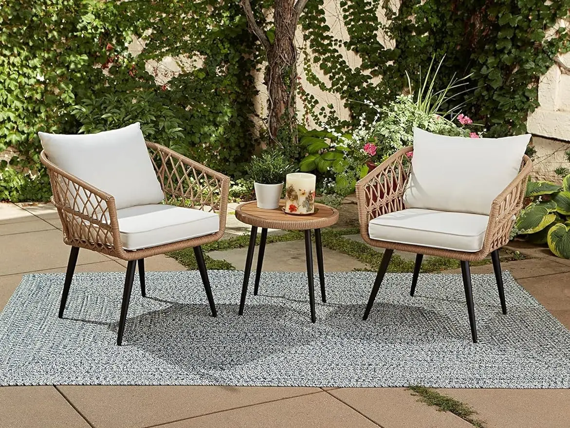 

XCYQuality Outdoor Living 65-YZ03HM Hermosa 3 Piece Chat Set, Aluminum Frame + Tan Wicker + Linen Cushions