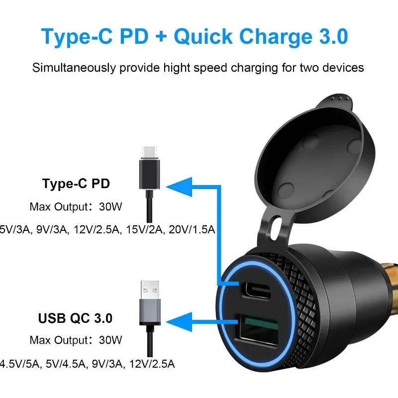 Carregador usb para motocicleta de instalação rápida, carregador rápido de 2 portas à prova d'água ip67 com soquete qc/pd para bicicleta de rua e sujeira
