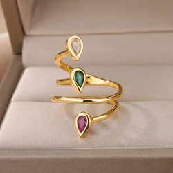 Anillos de gota de agua de circón para mujer, anillo largo y ancho de acero inoxidable, Color dorado, joyería de dedo para fiesta de boda, moda femenina, nuevo, 2024