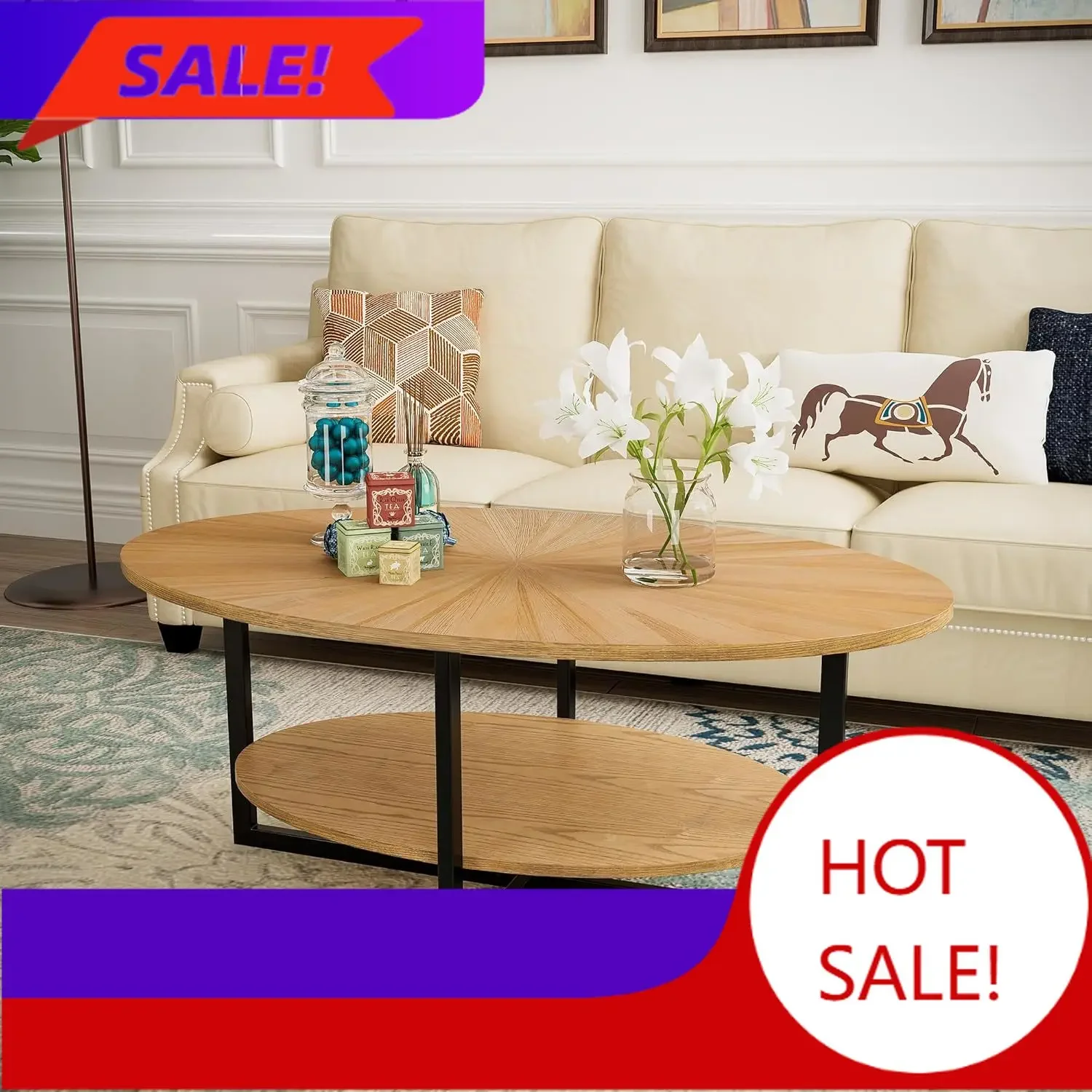 Solid Wood Oval Coffee Table with Cross Metal Legs, 43.3in Modern Industrail Center Table with Open Shelf Cocktail Tea Table for