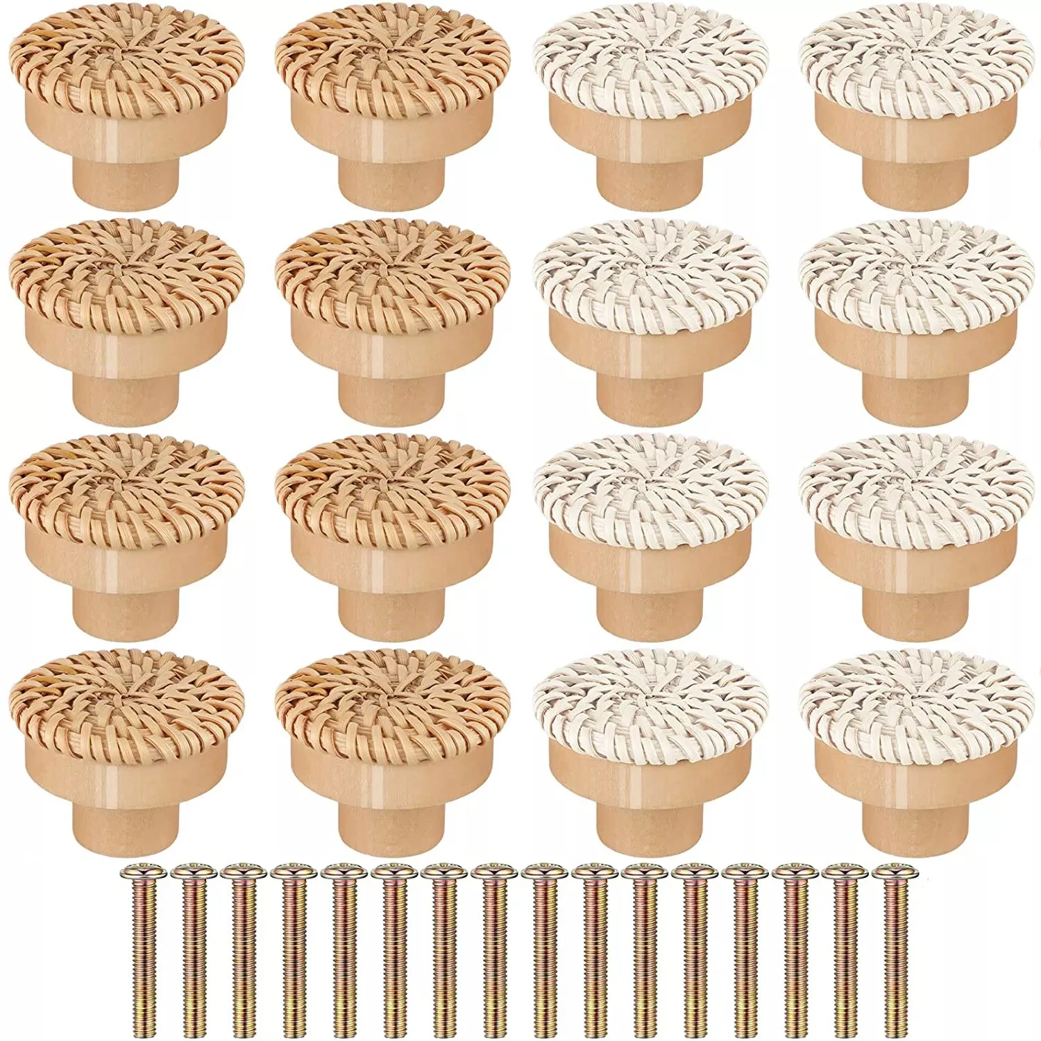 1-12pcs Boho Rattan Dresser Knobs Round Wooden Drawer Knobs Handmade Wicker Woven And Screws For Boho Furniture Knobs