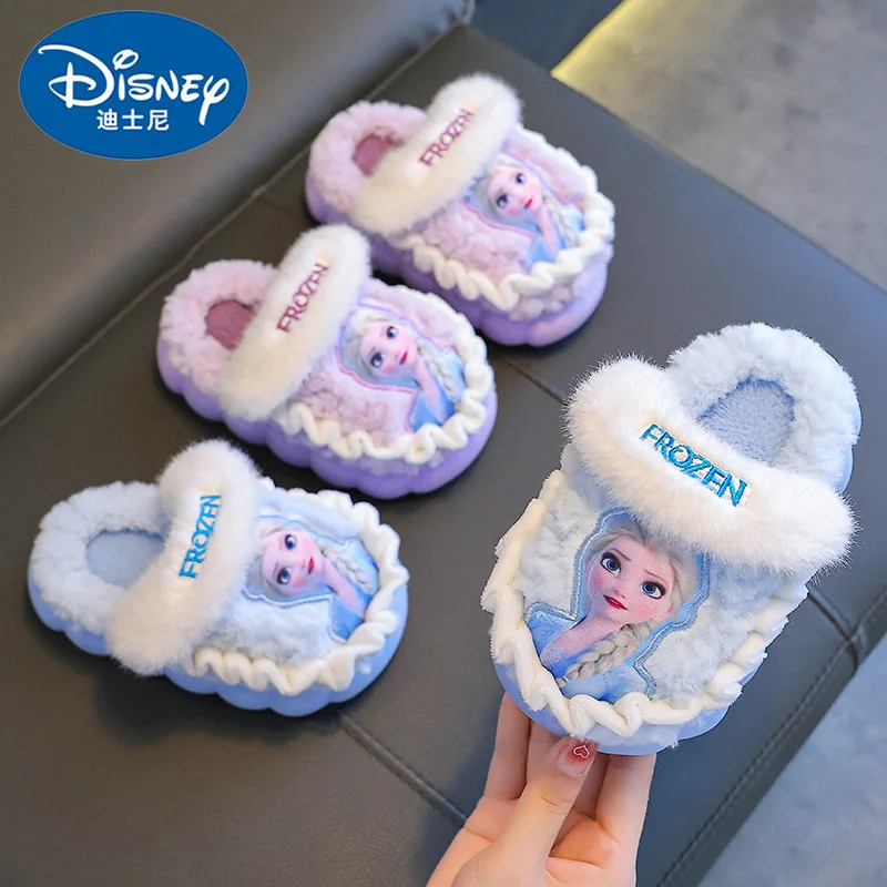 Disney-Zapatillas de algodón para niña, pantuflas de invierno para niña, princesa Elsa, Frozen, fondo grueso de terciopelo cálido, algodón para