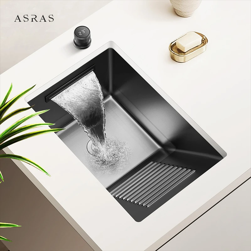 ASRAS New Nanometer Mini Balcony Wash Basin Sink 220mm Depth Handmade Washboard Sinks With Waterfall Faucet