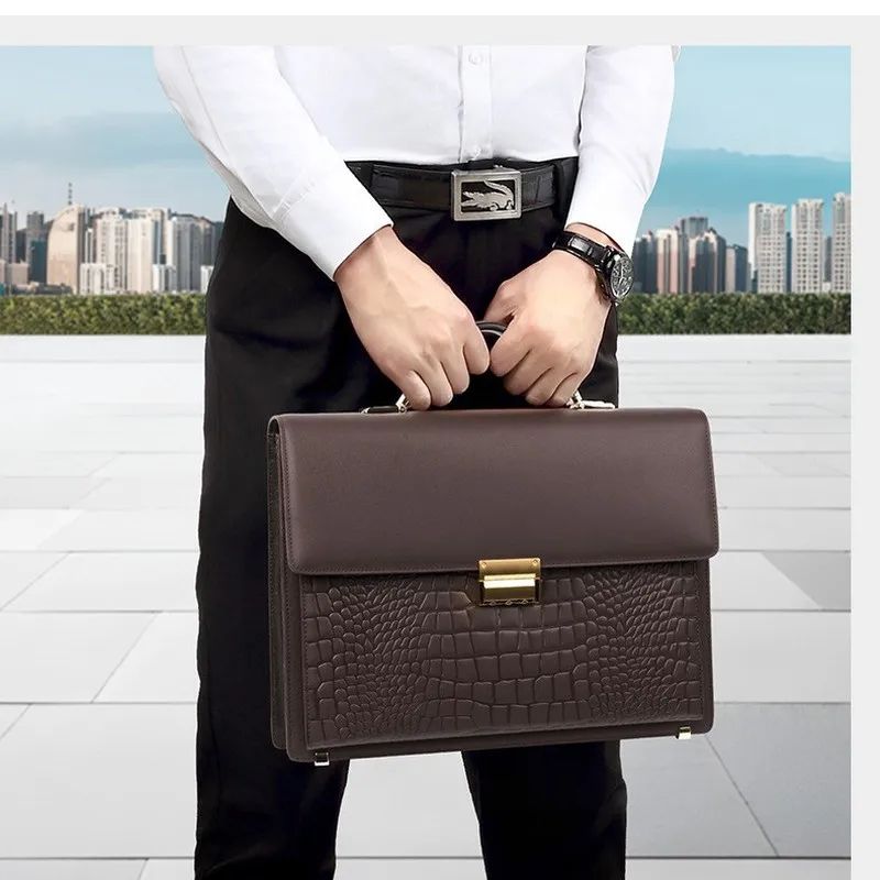 Men Brown Genuine Cowhide Leather Briefcase Crocodile Embossed with Lock Laptop Bag Business Shoulder Handbag
