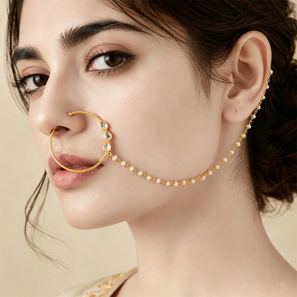 Kundan Stone Faux Pearl Chain Nath Nose Hoop,NonPiercing Fake Septum Stud,Womens Bridal Jewelry Wedding,Party&Ethnic Photo Shoot