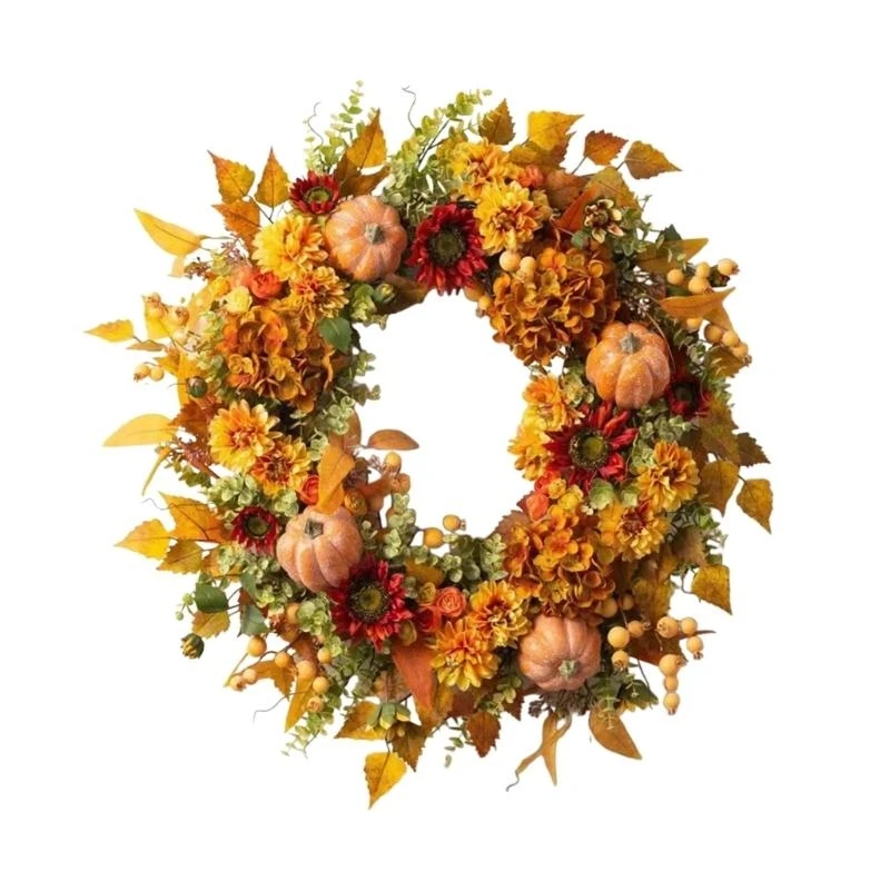Autumn Amaryllis Pumkins Fall Wreaths for Front Door Artificial Door Wreath for Thanksgiving Harvest Halloween Decorations J0MC
