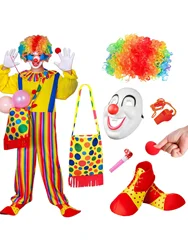 8pcs Adult Clown Suit Costume Set including clothing, Wig, Nose, Mask, Clown Bag, Shoes, Circus Props for Fiesta Circus Party