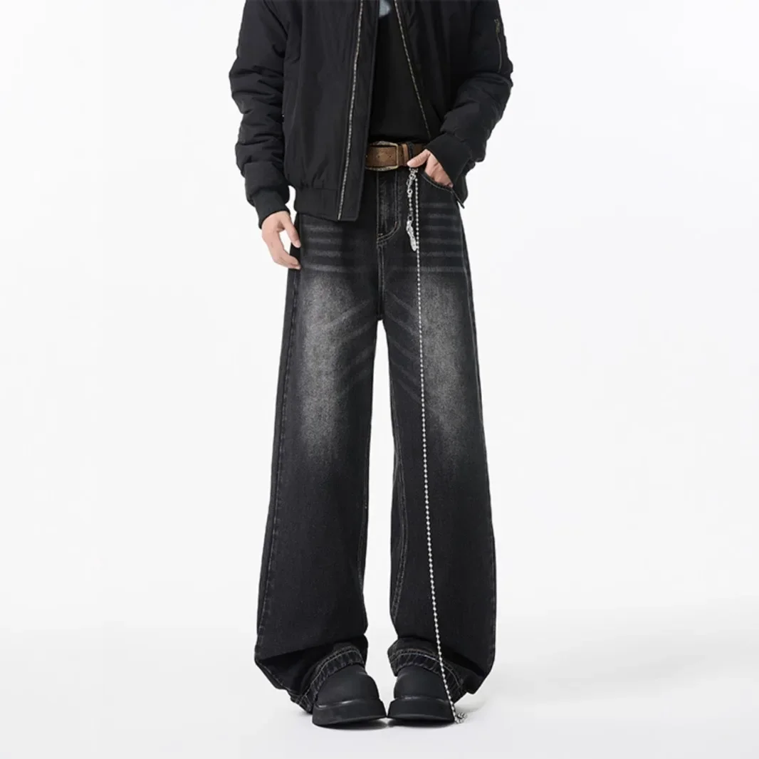 Spring Autumn American Vintage New Fashion Men's Solid Color Casual Trendy Simple Basic Wide Leg Denim Trousers Male Jeans Pants