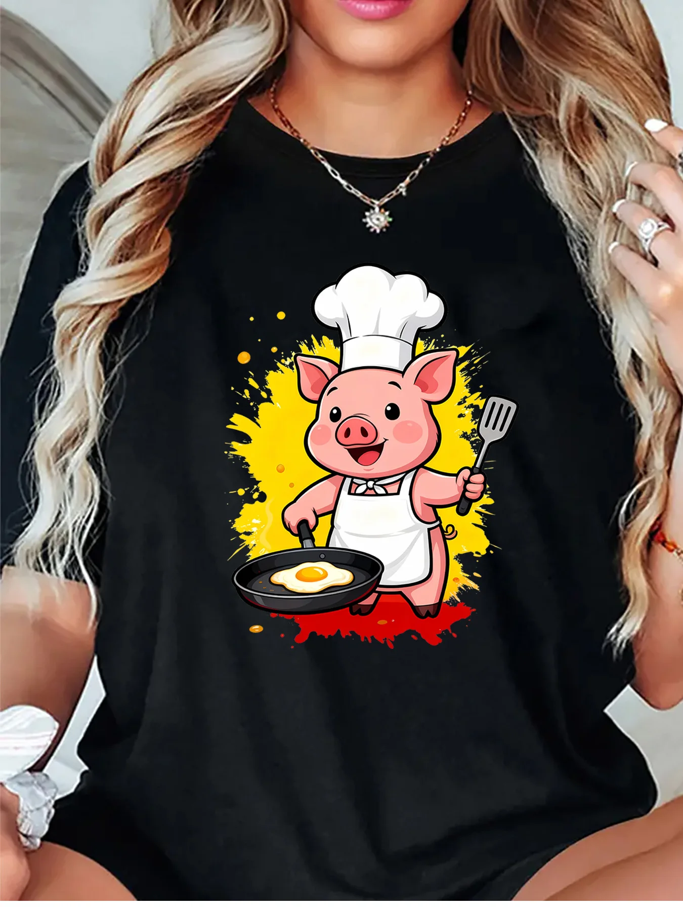 Cute Cartoon Chef Pig Frying Egg With Pan And Spatula Art Print Graphic Ladies T Shirt Short Sleeve Crew Neck Casual Tee Tops
