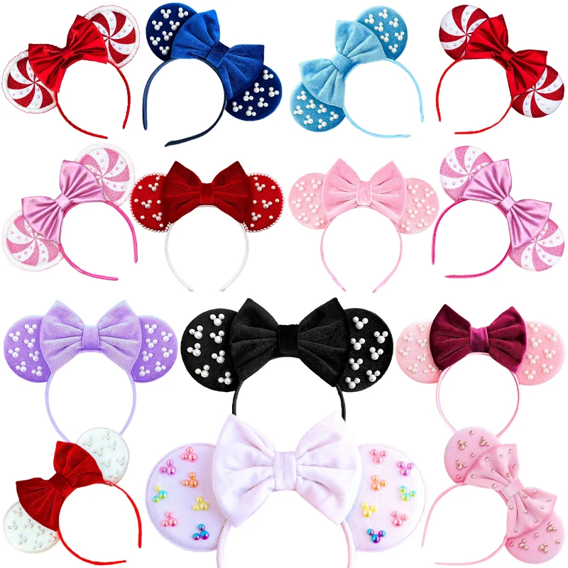 Disney Pearl Mickey Mouse Ears Headbands For Girls Kids Women Sequins Bows Hair Accessories Child Party Headwear Kids Hairbands