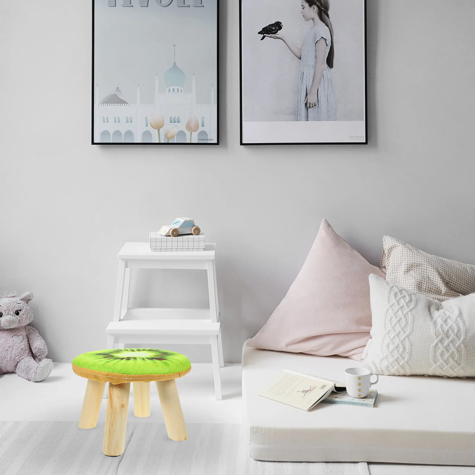 

Solid Wood Low Stool Fruit Pattern Sponge Seat Cushion Lightweight Non-Slip Foot Pad Safe Small Stool for Home Bedroom Bathroom