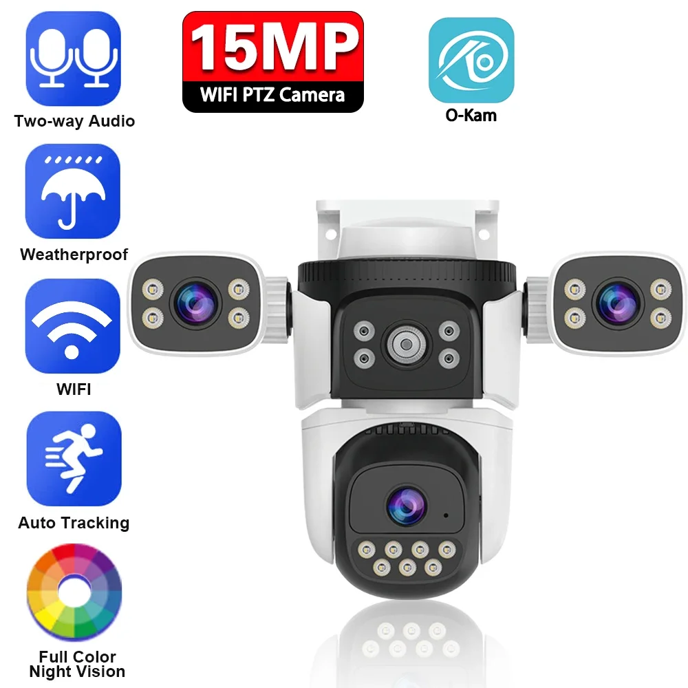 

Three Lens Wifi PTZ IP Camera Outdoor 15MP HD Three Screen WiFi Security Camera Auto Tracking 4K Three Lens Wirelss CCTV Camera