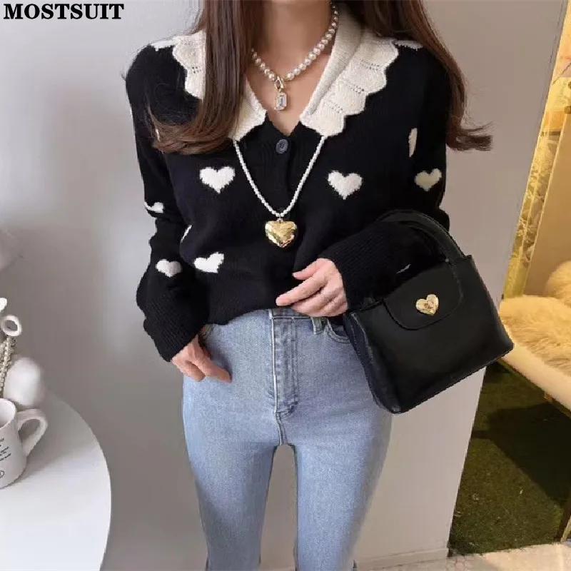 Korean Vintage Knit Sweater Women Cardigans Tops Love Jacquard Long Sleeve Single-breasted Knitwear Elegant Fashion Jumpers 2024