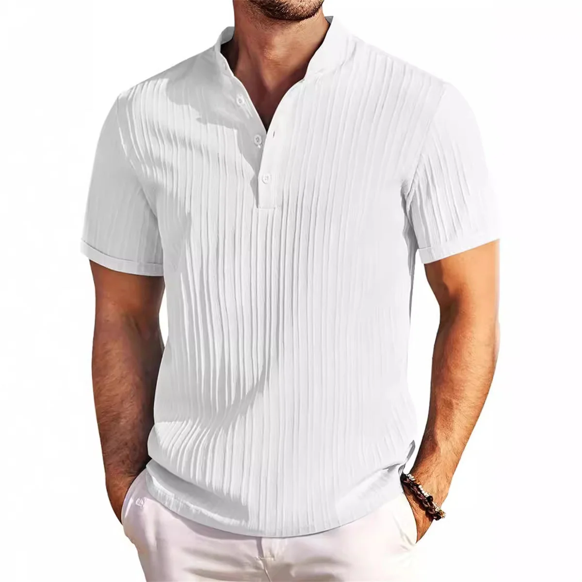 W92 Zomer 2024 nieuwe heren vintage katoen en linnen casual Henry kraag Wave strip button-down overhemd