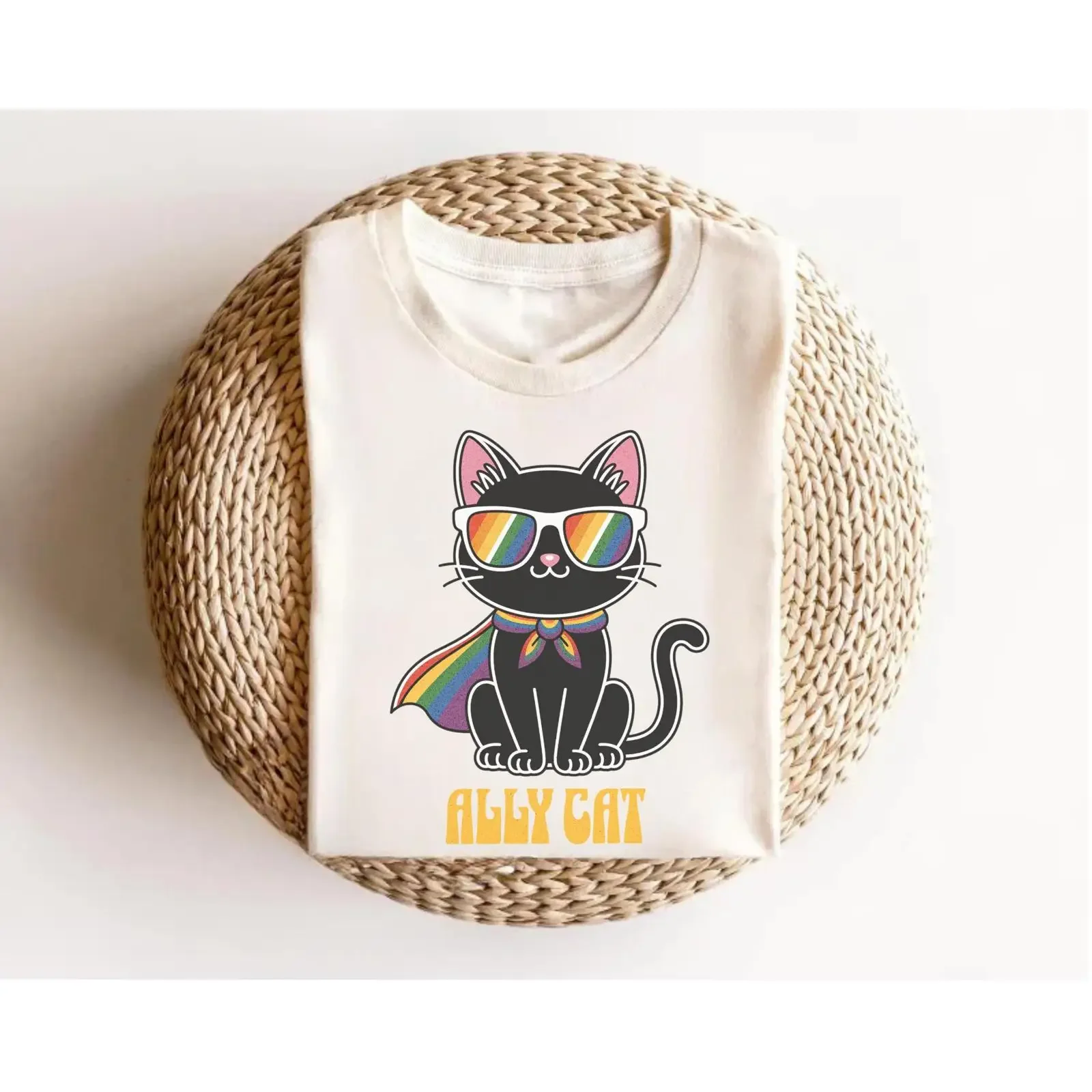 Ally Cat Rainbow LGBTQ Gay Pride T Shirt Cute Black Inclusive Proud for LGBT Equality Supporter vintage Washed Stylish