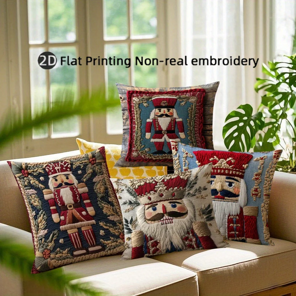 4-Pack Nutcracker Embroidered Pillow Covers, Woven Polyester, Machine Washable, Zipper Closure, for Sofa Home Decor