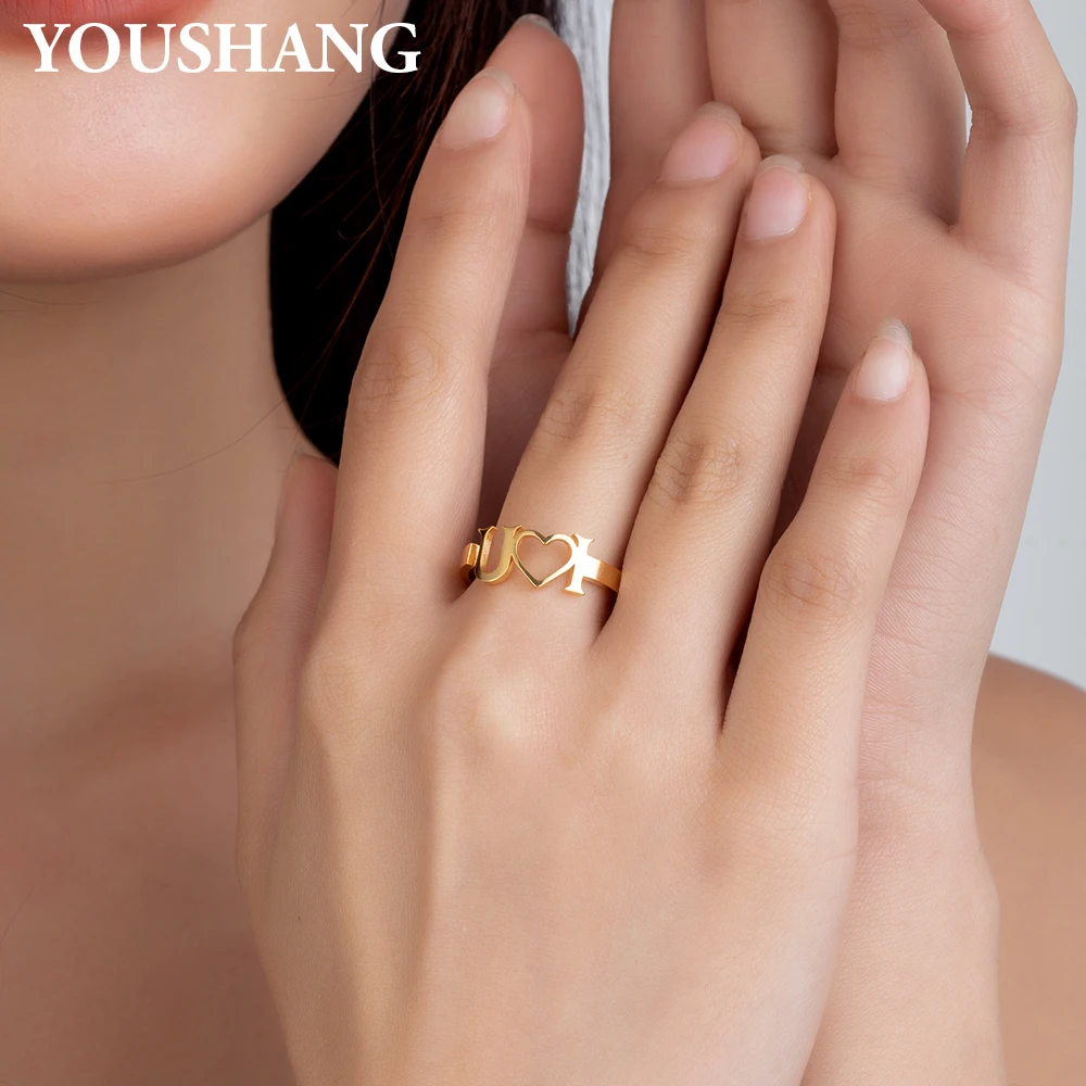 

Customizable Couple's Name Rings Ladies Personalized Stainless Steel Initial Heart Ring for Girlfriend Holiday Jewelry Gifts