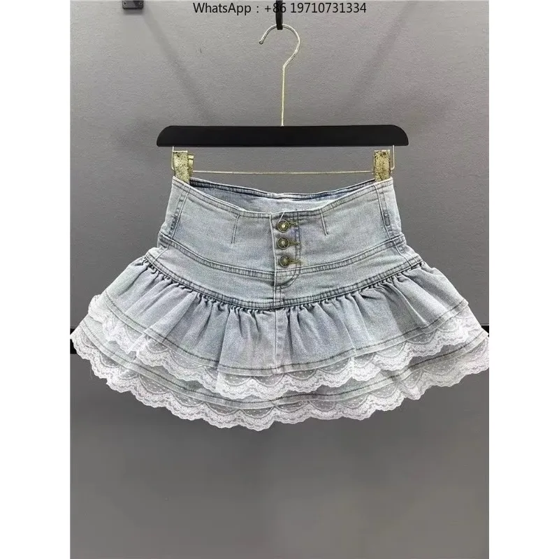 Women Summer A-line Denim Pleated Mini Skirt Vintage Lace Detail Casual Skirt
