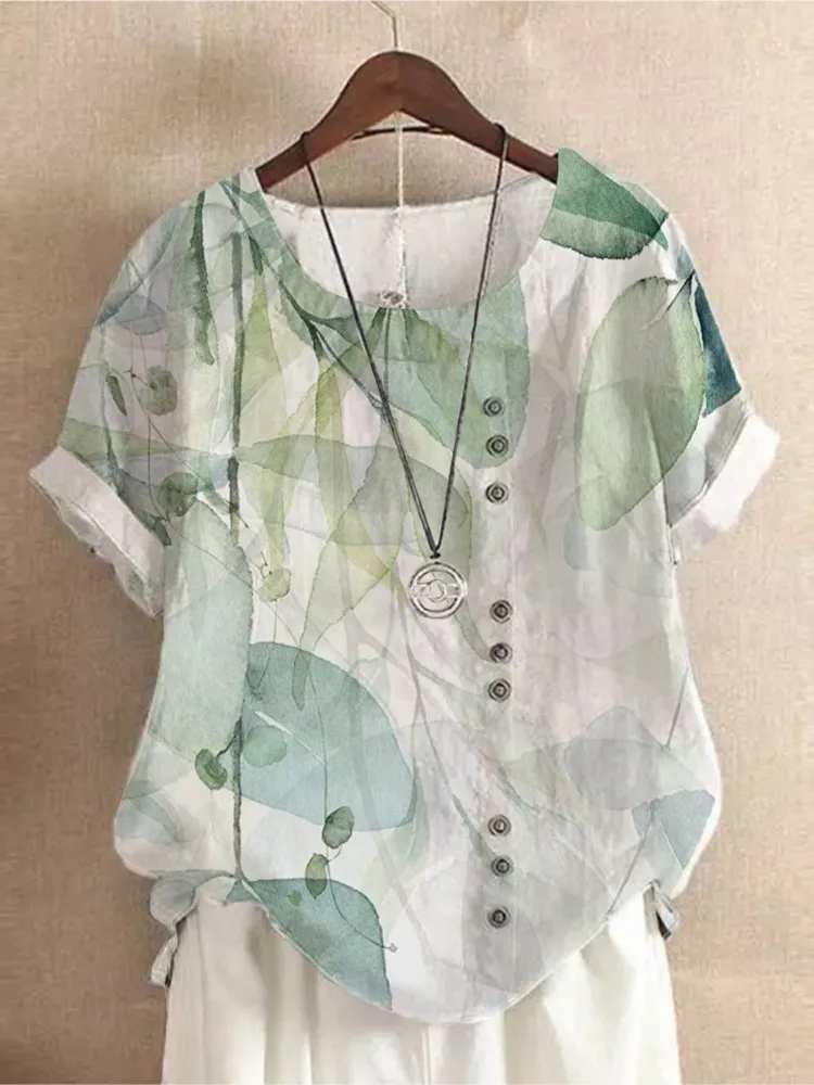 Summer O-Neck Short Sleeve Floral Print Loose Women\'s Blouse Retro Top 2024 Fashion Women Buttons Korean Style Casual Shirts